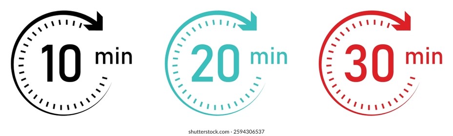 10-, 20- and 30-minutes timer and clock vector icons set in black, blue, and red color. Timer logo. Clock symbols, stopwatch signs, Timer icons. Vector illustration.