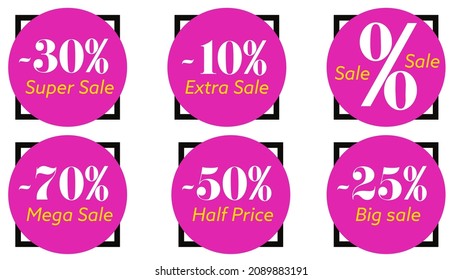 10, 25, 30, 50 and 70 percent sale sticker label badge set. Super, extra, big, mega and half price discount product stamp vector illustration isolated on white background