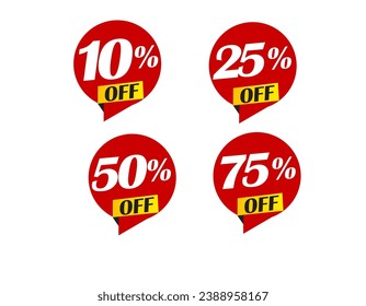 10%, 25% ,50%  75% OFF Discount Sticker. Sale Red Tag Isolated Vector Illustration. Discount Offer Price Label, Vector Price Discount Symbol.