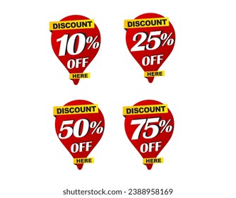10%, 25% ,50% 75% descuento descuento. Ilustración de vectores aislados con etiqueta roja de venta. Etiqueta de precio de oferta de descuento, símbolo de descuento de precio del vector.