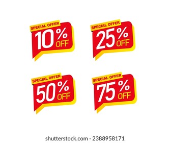 10%, 25% ,50% 75% descuento descuento. Ilustración de vectores aislados con etiqueta roja de venta. Etiqueta de precio de oferta de descuento, símbolo de descuento de precio del vector.
