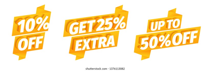 Up to 10 25 50 percent off. Get extra sale. Discount set. Word on a orange golden type background. Advertising promotion special offer. Vector Illustration clipart.