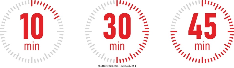 The 10, 30 and 45 minutes, stopwatch vector icon. Stopwatch icon in red flat style, 10, 30, 45 minutes timer on on color background. Vector illustration