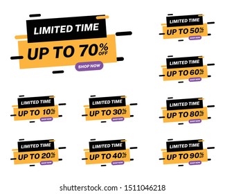 Up to 10 30 50 70 90 percent off. Set of limited time discount banners.  Modern vector design template