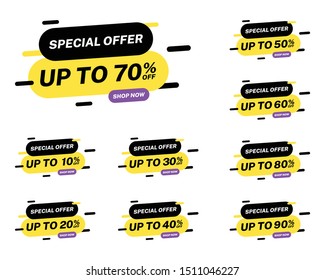 Up to 10 30 50 70 90 percent off. Set of special offer discount banners.  Modern vector design template