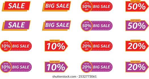 10% 50% 20% de descuento. Etiquetas de venta conjunto de insignias de Vector Plantilla. Gran Venta. Símbolo de oferta especial. Promoción de descuento. Forma de insignia de descuento. Diseño de Vector