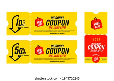 10, 50 percent off exclusive offer discount coupon template. Promo code gift with place for company or retail shop logo valid limited time only vector illustration isolated on white background