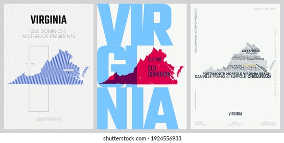 10 of 50 sets, US State Posters with name and Information in 3 Design Styles, Detailed vector art print Virginia map