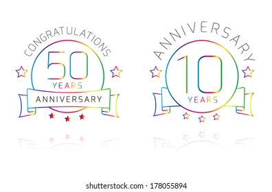 10 and 50 Years Anniversary label isolated on white, vector with shadow