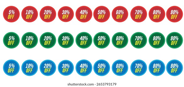 10% bis 90% Special Offer Badges Set - rot, grün, blau Farbrabatt Sternetiketten Vektor einzeln auf weißem Hintergrund