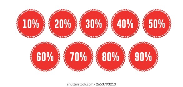 10% to 90% Special Offer Badges Set – Red, Green, Blue Color Discount Star Labels Vector Isolated on White Background