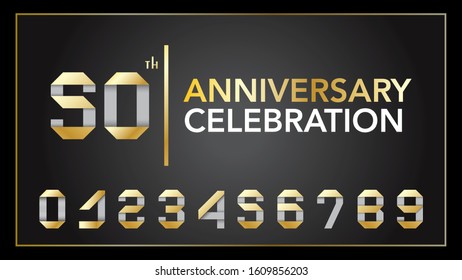10 - 90 years anniversary, 0 - 9 Numbers. Numbers golden ribbons on black background , vector design for invitation card, greeting card.