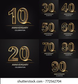 10 - 90 años aniversario, 0 - 9 números. Logo del aniversario de la celebración. logo con dorado y color aislado en fondo negro, diseño vectorial para tarjeta de invitación, tarjeta de saludo.