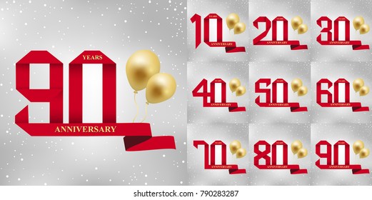 10 - 90 years anniversary, 0 - 9 Numbers.Celebration anniversary celebration logotype. logo with red ribbon on gray background, vector design for invitation card, greeting card.