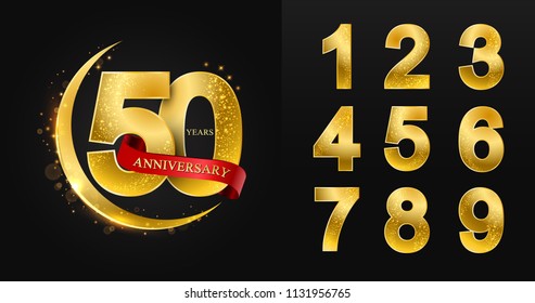 10 - 90 years anniversary 1,2,3,4,5,6,7,8,9,0 Numbers. Pattern with arabic golden and yellow moon red ribbons on black background for invitation card, muslim,greeting card, Eid al Adha,