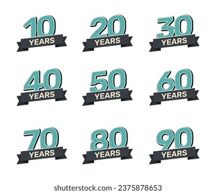 10 - 90th anniversary retro stamp set icon badge invitation. Anniversary seal background happy label logo 10th 20th 30th 40th 50th 60th 70th 80th 90th