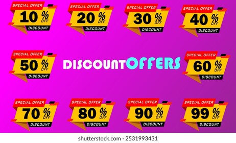 10% to 99% discount offers stickers pack . Discount coupons, special offers stickers , High quality eps files, 