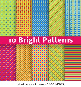 10 Abstract geometric bright seamless patterns (tiling). Vector illustration for funny attractive design. Endless texture can be used for fills, web page background, surface.