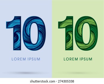 10 ,Abstract Number , font, concept Spin water, wind and natural, designed using blue and green grunge brush,sign 