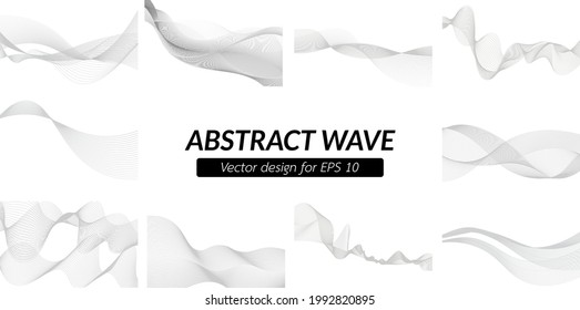 10 Abstract wave design geometric pattern set. Background digital technology line frequency, smooth stripe, color tone white and gray. Graphic element concept with copy space, crypto currency. Vector.