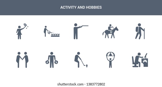 10 activity and hobbies vector icons such as game playing, gliding parachutist, golf playing, greedy, greeting contains hiking, horse riding, hunting, hydroponics, insect collecting. activity and