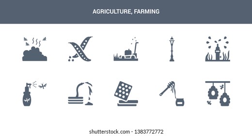 10 agriculture, farming vector icons such as hive, honey, honeycomb, hose, insecticide contains irrigation, lamppost, lawn mower, legume, manure. agriculture, farming icons