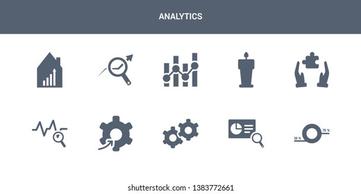 10 analytics vector icons such as round value chart, search analytics, service, setting flow interface, sine waves analysis contains solution, speech, statistics, stock data analysis, stock market.