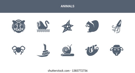 10 animals vector icons such as sheep, sloth, snail, snake, spider contains squid, squirrel, starfish, swan, tiger. animals icons