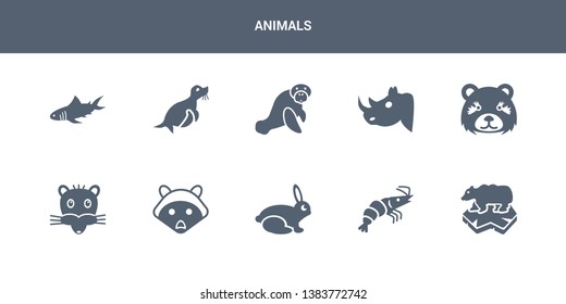 10 animals vector icons such as polar bear, prawn, rabbit, racoon, rat contains panda, rhino, sea cow, seal, shark. animals icons
