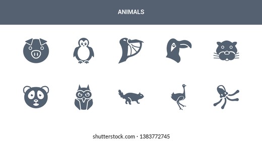 10 animals vector icons such as octopus, ostrich, otter, owl, panda bear contains panther, parrot, pelican, penguin, pig. animals icons