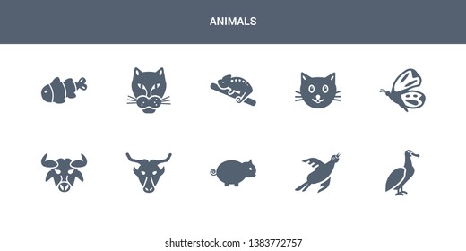 10 animals vector icons such as albatross, bird, boar, buffalo, bull contains butterfly, cat, chameleon, cheetah, clown fish. animals icons