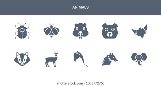 10 animals vector icons such as elephant, alpaca, anteater, antelope, badger contains bat, bear, beaver, bee, beetle. animals icons