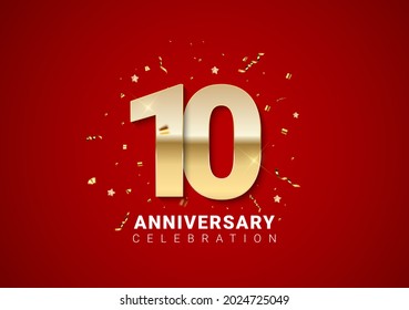 10 anniversary background with golden numbers, confetti, stars on bright red holiday background. Vector Illustration EPS10
