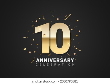 10 anniversary background with golden numbers, confetti, stars on bright black holiday background. Vector Illustration EPS10