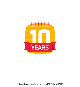 10 anniversary calendar logo, number 1 (one). 10th years calendar icon. Ten years birthday party symbol. Tenth company. flat style modern design label, sticker, red ribbon, emblem, tag