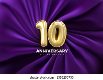 10 Anniversary celebration. Golden number 10 on purple draped textile background. Vector festive illustration. Realistic 3d sign. Birthday or wedding party event decoration