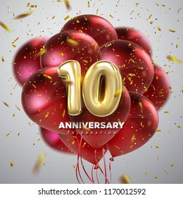 10 Anniversary celebration. Golden numbers with sparkling confetti and red balloon bunch. Vector festive illustration. Realistic 3d sign. Party event decoration