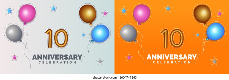10 anniversary celebration two design with stars and balloons background. anniversary celebration for child design.
