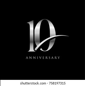 10 anniversary elegance silver logo. linked number with swoosh on black background