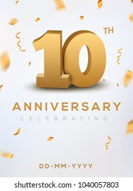 10 Anniversary gold numbers with golden confetti. Celebration 10th anniversary event party template.