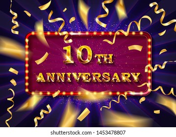 10 Anniversary gold numbers with golden confetti. Celebration 10th anniversary event party template.
