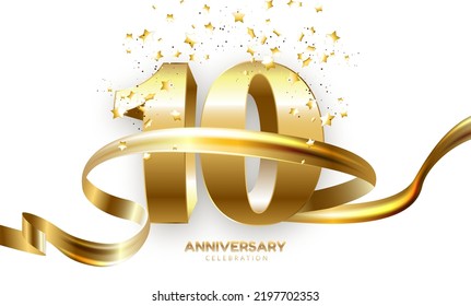 10 Anniversary gold numbers with golden confetti. Celebration 10th anniversary event party template.