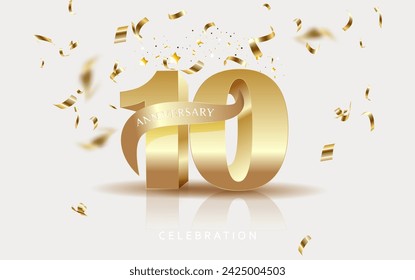 10 Anniversary gold numbers with golden confetti. Celebration 10th anniversary event party template.