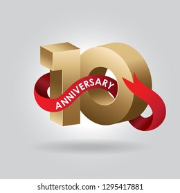 10 Anniversary Gold Numbers With Red Ribbon. Celebration 10 Anniversary Event Party Template. Anniversary Template Design For Web, Creative Poster, Booklet, Leaflet, Flyer, And Invitation.