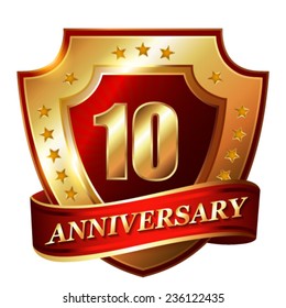 10 Anniversary golden label with ribbon.
