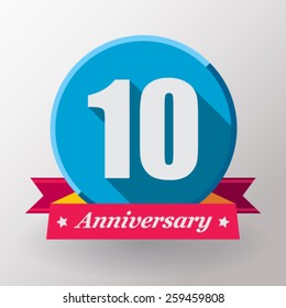 10 Anniversary label with ribbon. Flat design.