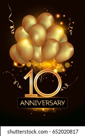 10 Anniversary Logo Celebration with Golden balloon and confetti, Isolated on dark Background
