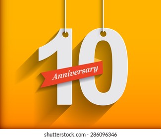 10 Anniversary numbers with ribbon. Flat origami stylen with long shadow. Vector illustration