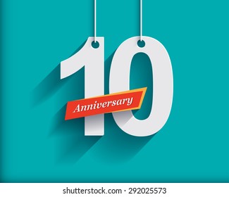 10 Anniversary numbers with ribbon. Flat origami stylen with long shadow. Vector illustration