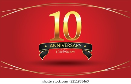 10 Anniversary with red background. 10th Golden anniversary banner. red anniversary celebration. Golden anniversary with ribbon